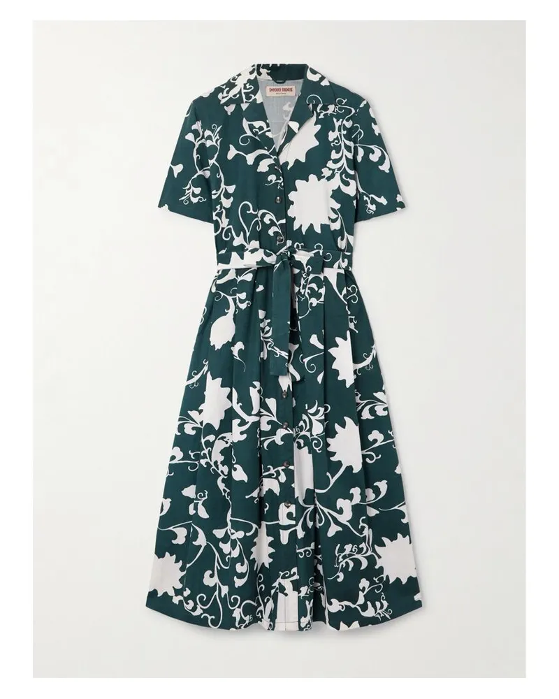 Emporio Sirenuse Claudia Midi-hemdblusenkleid Aus Baumwolle Mit Blumenprint, Falten Und Bindegürtel - Blau Blau