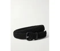 Woven Leather-trimmed Cord Belt - Black