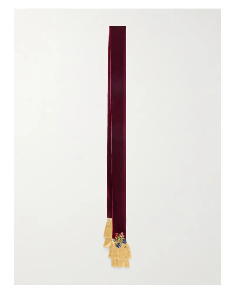 Valentino Garavani Fringed Crystal-embellished Velvet Scarf - Burgundy Burgundy