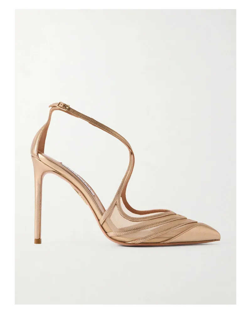 Aquazzura Alana 105 Pumps Aus Metallic-leder Und Mesh - Gold Gold