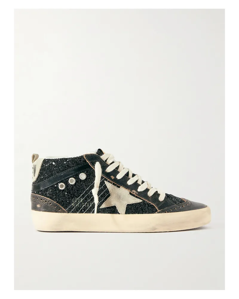 Golden Goose Mid Star Sneakers Aus Kunstleder Mit Besätzen Aus Veloursleder Und Leder, Distressed-details Und Glitter-finish - Schwarz Schwarz
