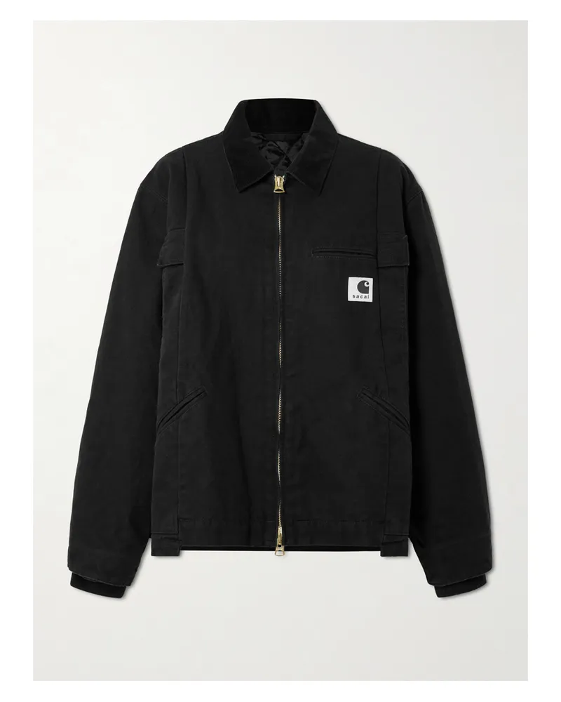 Sacai Carhartt Wip Duck Oversized Corduroy-trimmed Appliquéd Cotton-canvas Jacket - Black Black