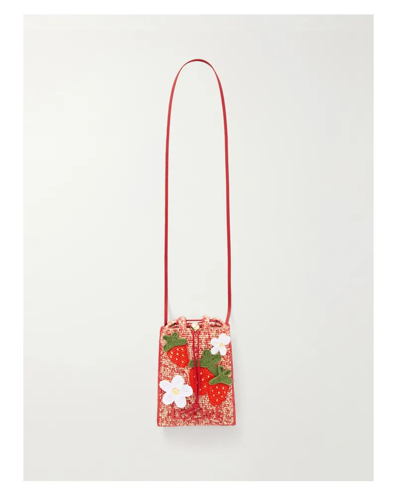 Loewe Paula's Ibiza Leather-trimmed Embroidered Woven Raffia Bucket Bag Red