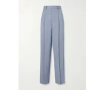 Hector Pleated Wool, Silk And Linen-blend Wide-leg Pants - Blue