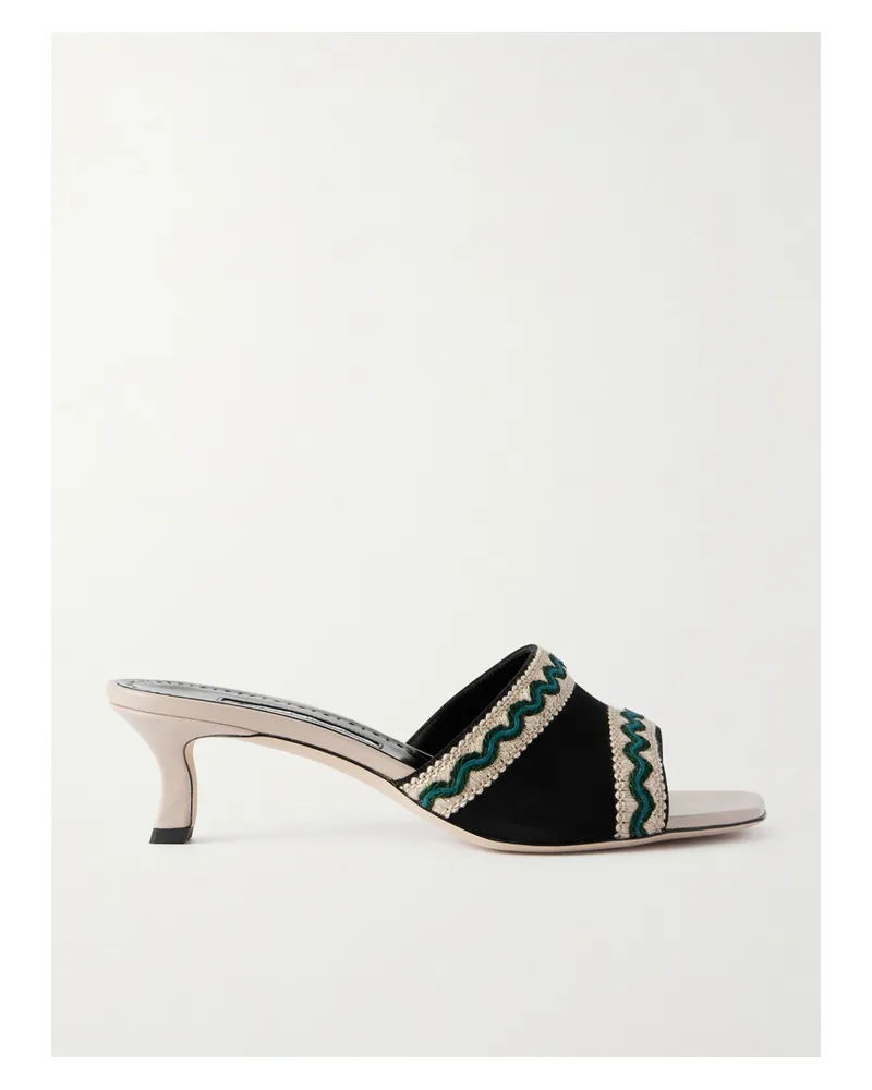 Manolo Blahnik Marebis 50 Embroidered Raffia-trimmed Suede Mules - Black Black