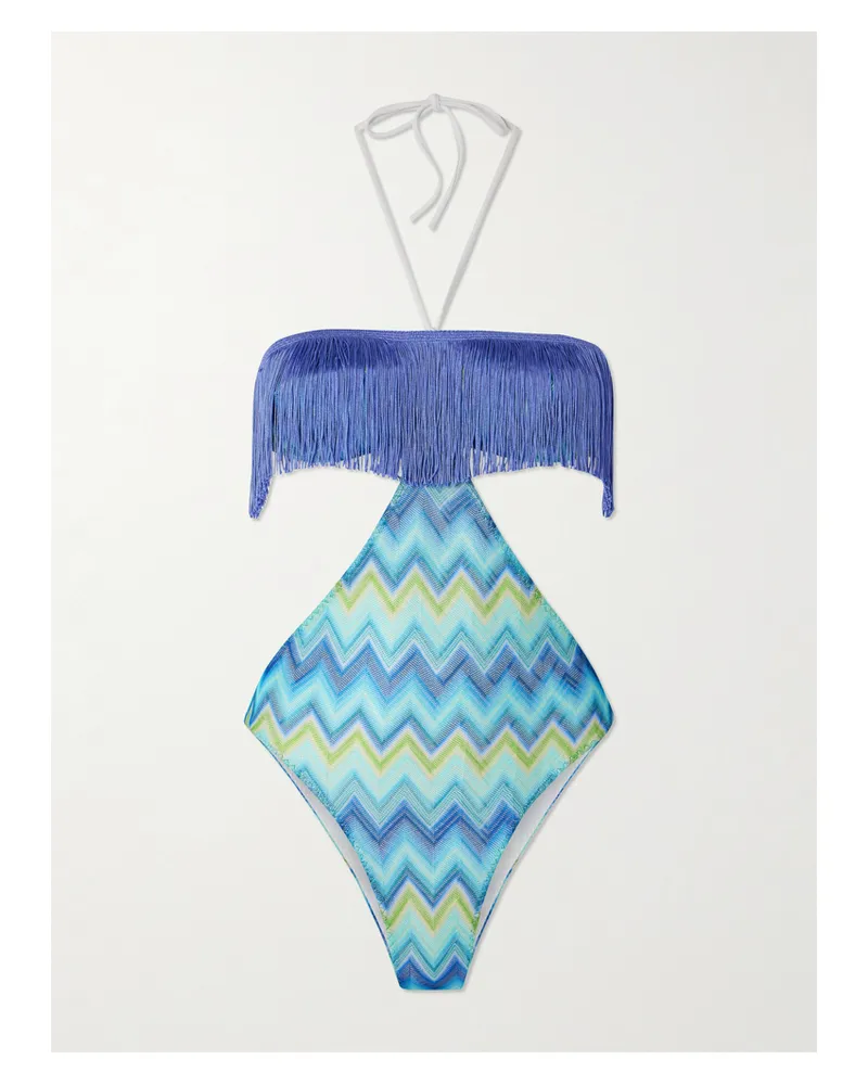 Missoni Mare Badeanzug Aus Gestreiftem Häkelstrick Mit Fransen Und Cut-out - Blau Blau