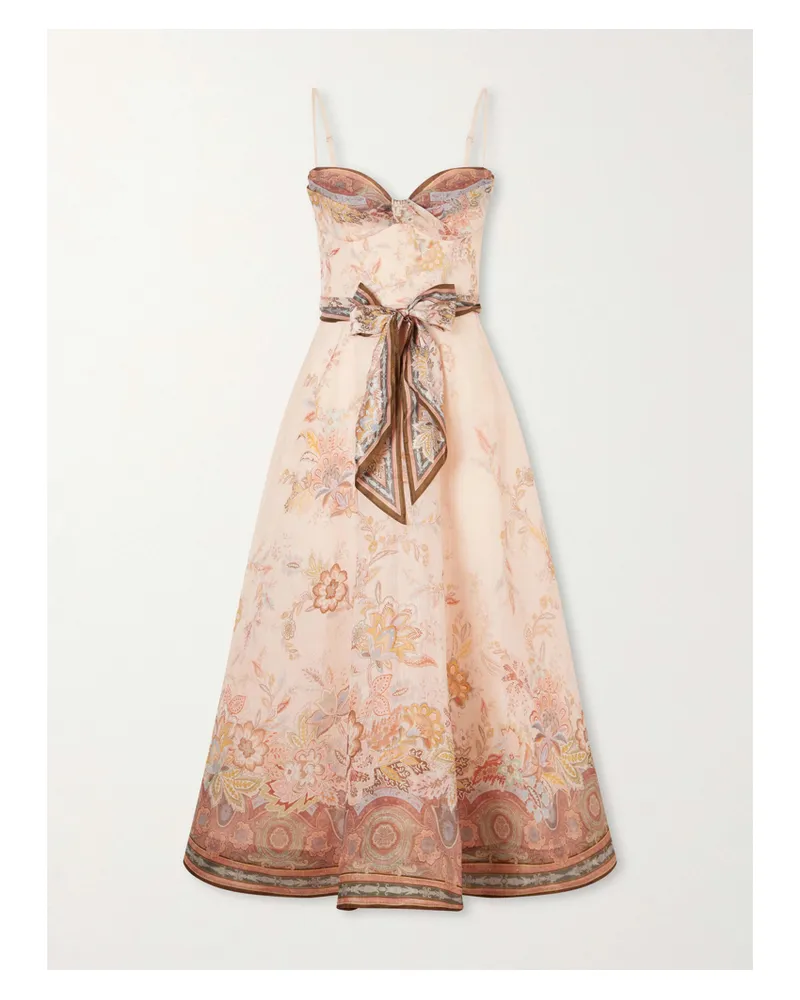 Zimmermann Printed Tie-detailed Linen And Silk-blend Midi Dress - Pink Pink