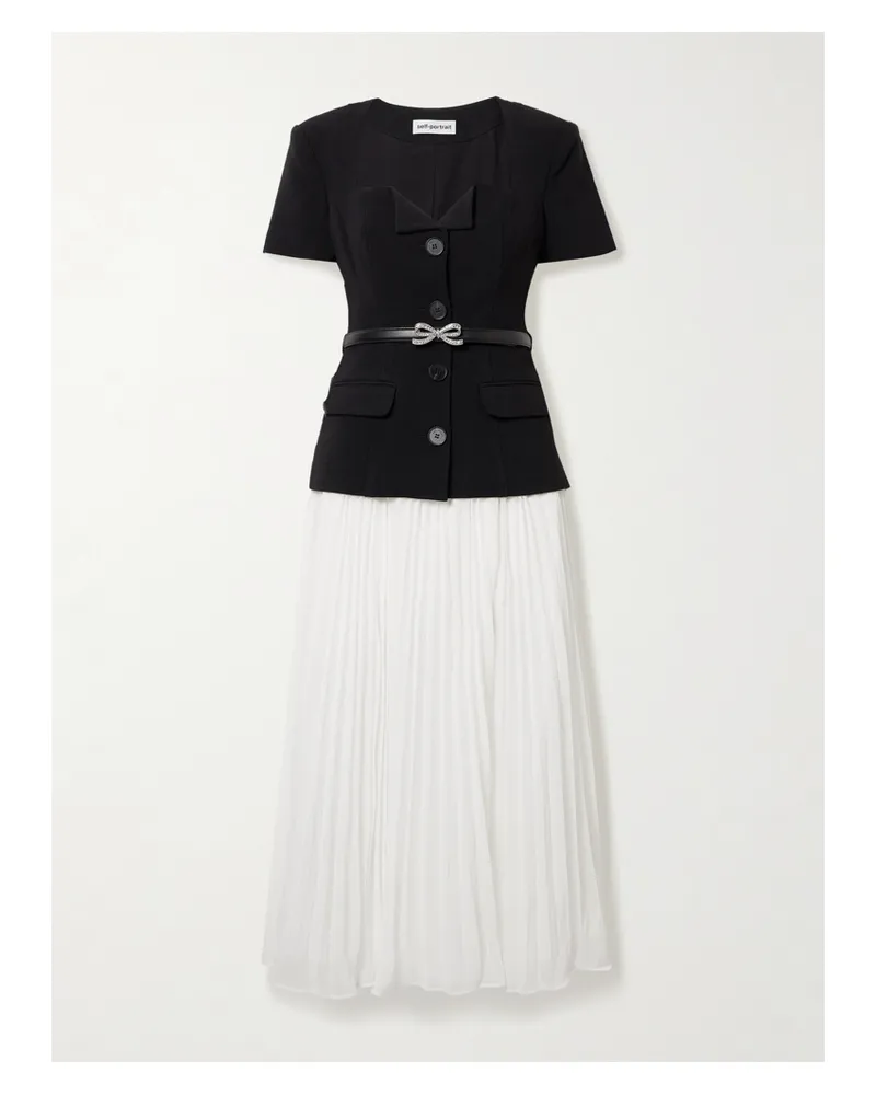 Self-Portrait Midikleid Aus Crêpe Und Plissiertem Chiffon Mit Gürtel Und Verzierungen - Schwarz Schwarz