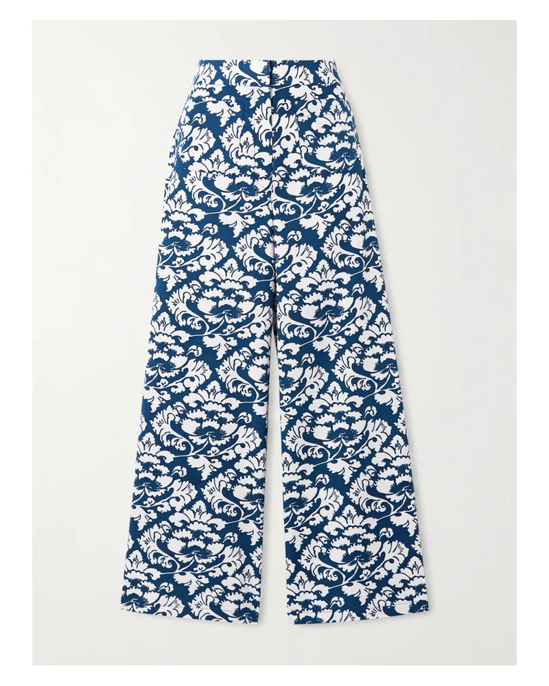 Emporio Sirenuse Adele Lotus Floral-print Cotton-twill Wide-leg Pants - Blue Blue