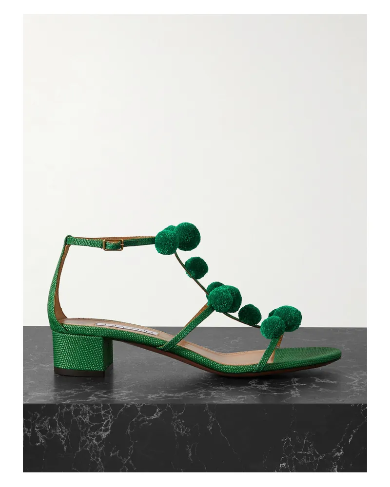 Aquazzura Fiesta 35 Sandalen Aus Raffiabast Mit Pompons - Grün Grün