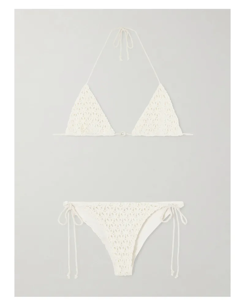 Sara Cristina Pearl Crocheted Cotton Triangle Bikini - Neutrals Neutrals