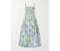 Pleated Floral-print Cotton-blend Poplin Midi Dress - Blue