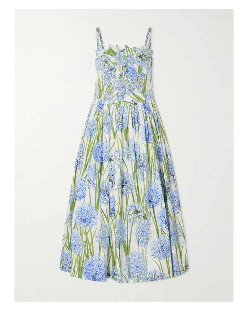 Oscar de la Renta Pleated Floral-print Cotton-blend Poplin Midi Dress - Blue Blue