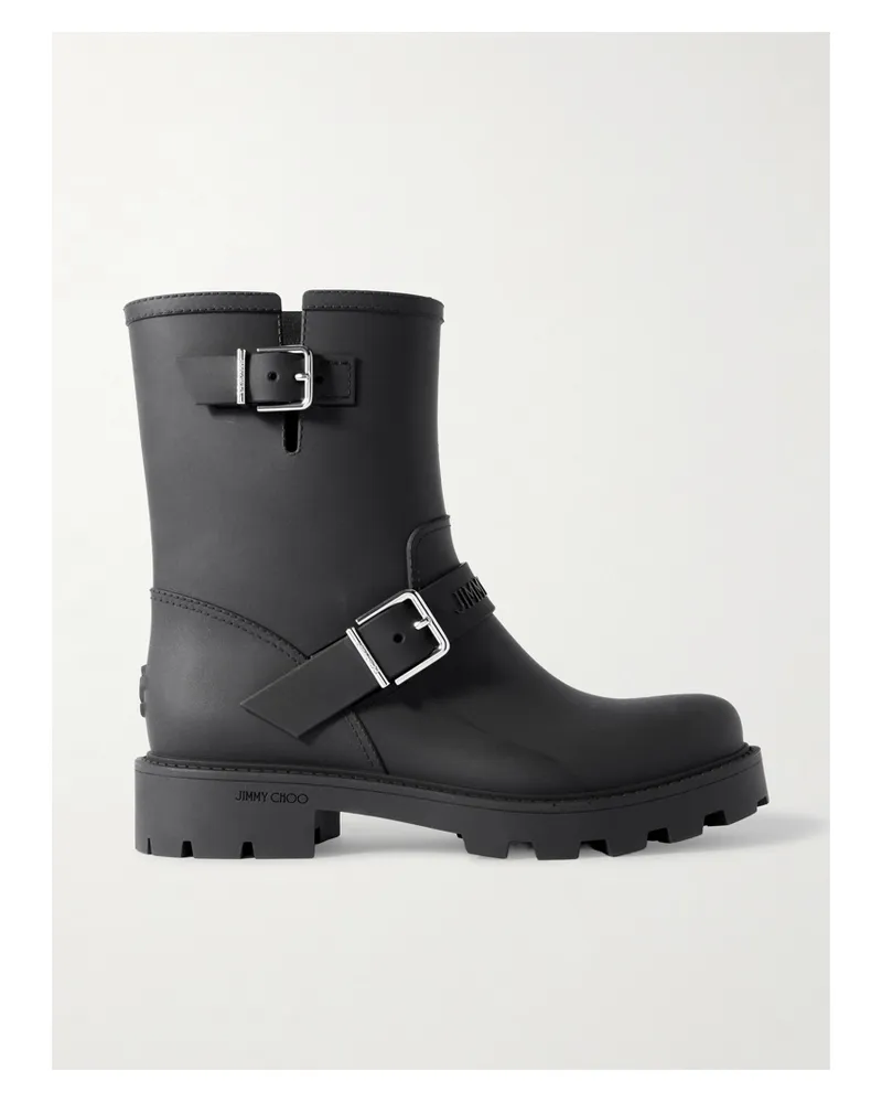 Jimmy Choo Biker Rain 40 Buckled Rubber Ankle Boots - Black Black