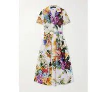 Midikleid Aus Baumwollpopeline Mit Blumenprint Und Falten - Weiß