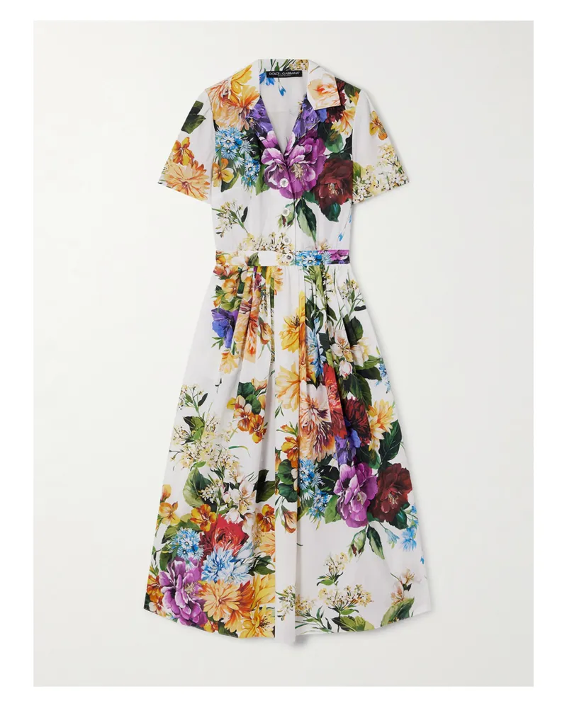 Dolce & Gabbana Midikleid Aus Baumwollpopeline Mit Blumenprint Und Falten - Weiß Weiß