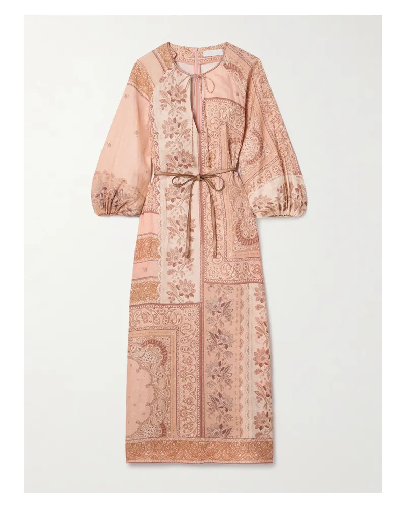 Zimmermann Lucky Midikleid Aus Leinen Mit Paisley-muster Und Bindegürtel Aus Leder - Orange Orange