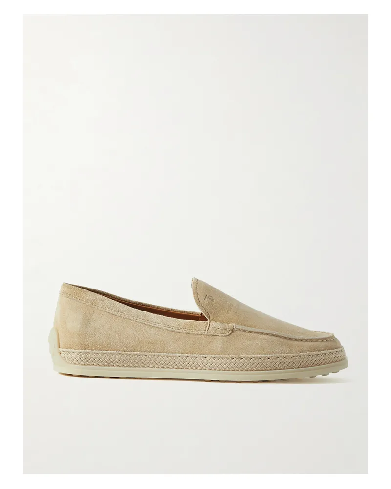 TOD'S Raffia-trimmed Suede Loafers - Neutrals Neutrals