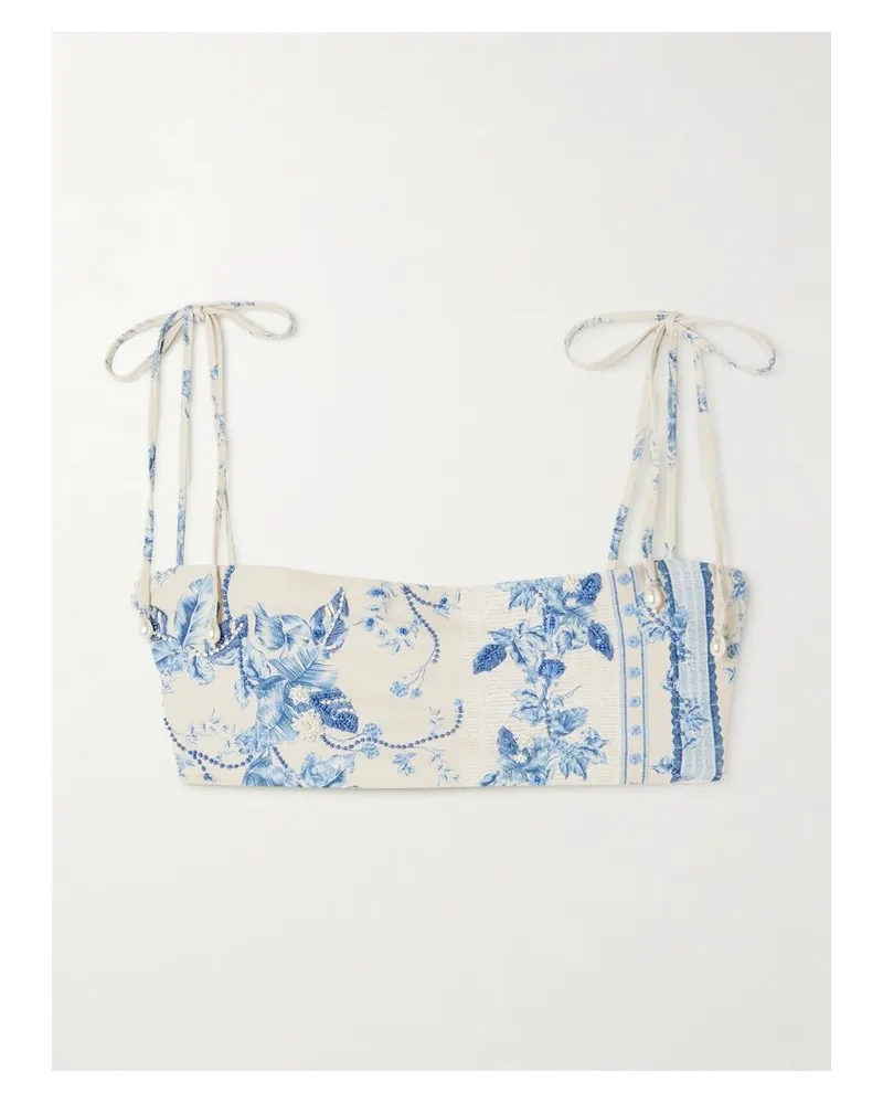 AGUA BENDITA Primavera Bougainvillea Bikini-oberteil Aus Recyceltem Stretch-material Mit Blumenprint Und Kunstperlen - Blau Blau