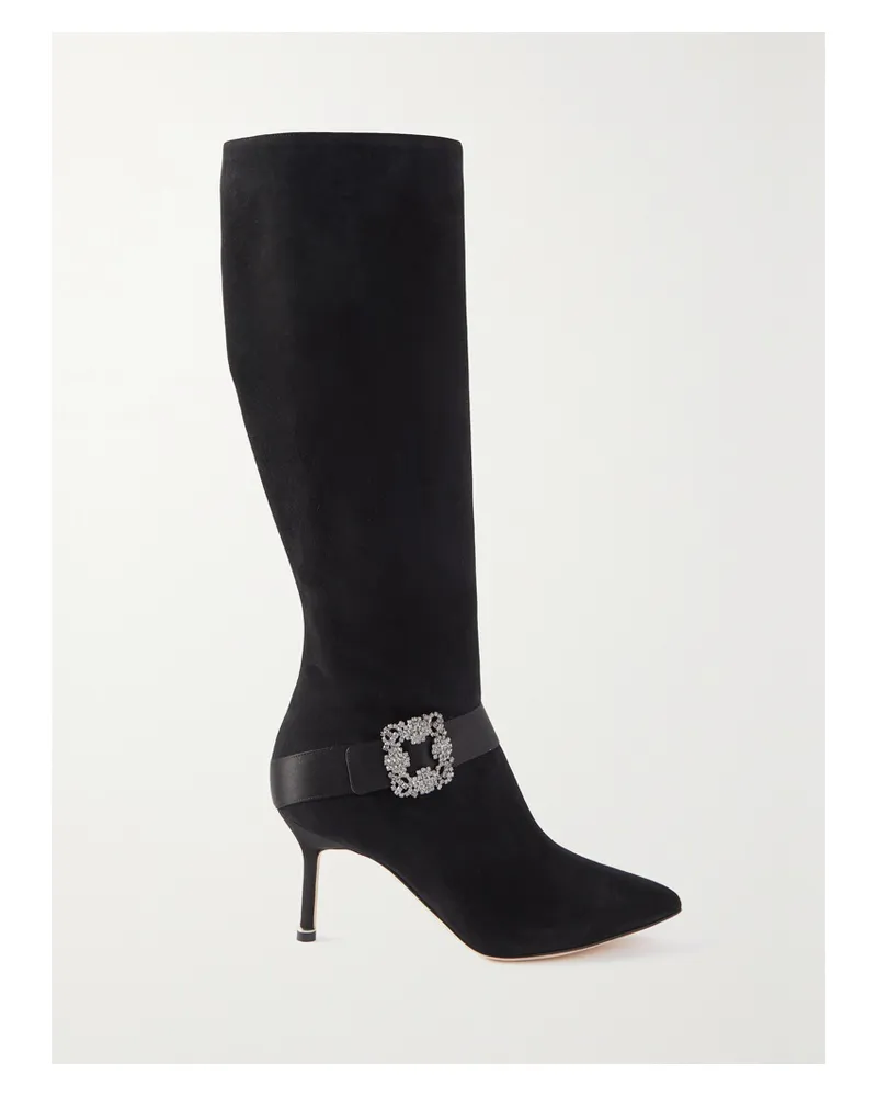 Manolo Blahnik Pliniahi 70 Kniehohe Stiefel Aus Veloursleder Mit Satinbesatz Und Verzierung - Schwarz Schwarz