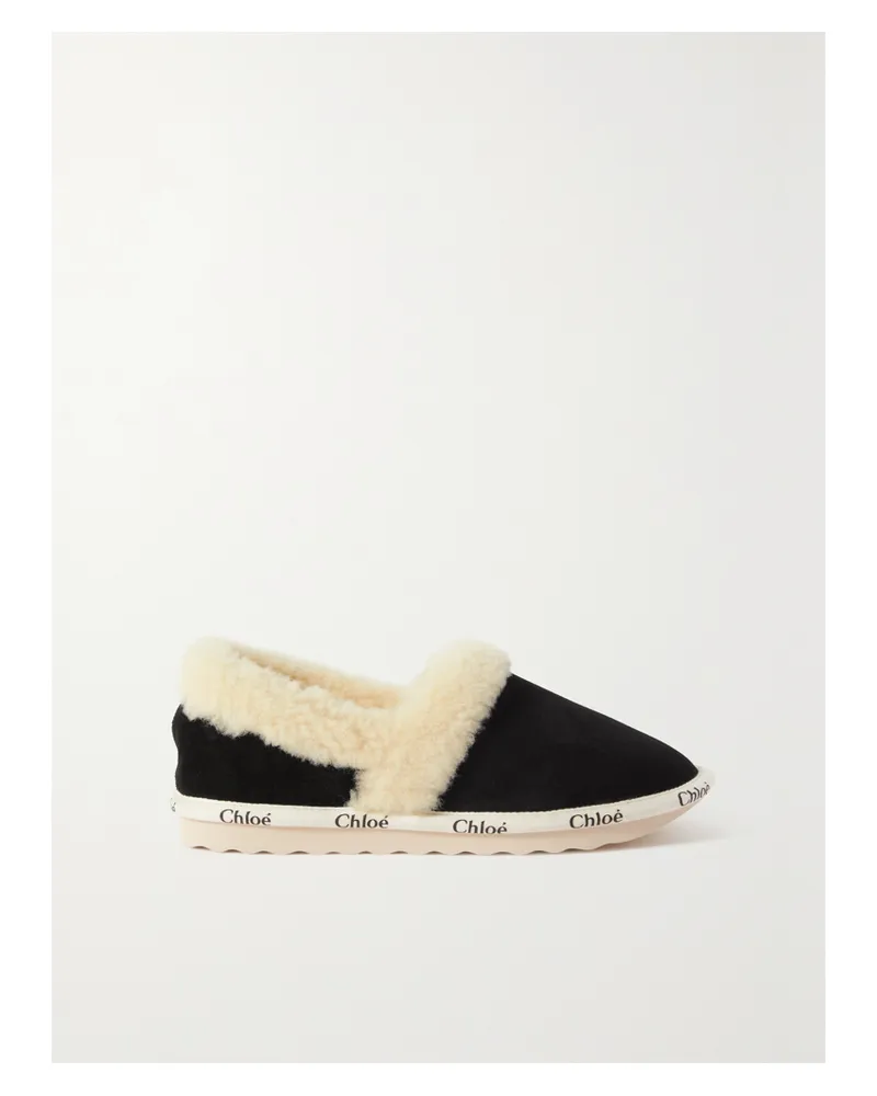 Chloé Woody Slippers Aus Veloursleder Mit Shearling-futter Und Logo - Schwarz Schwarz