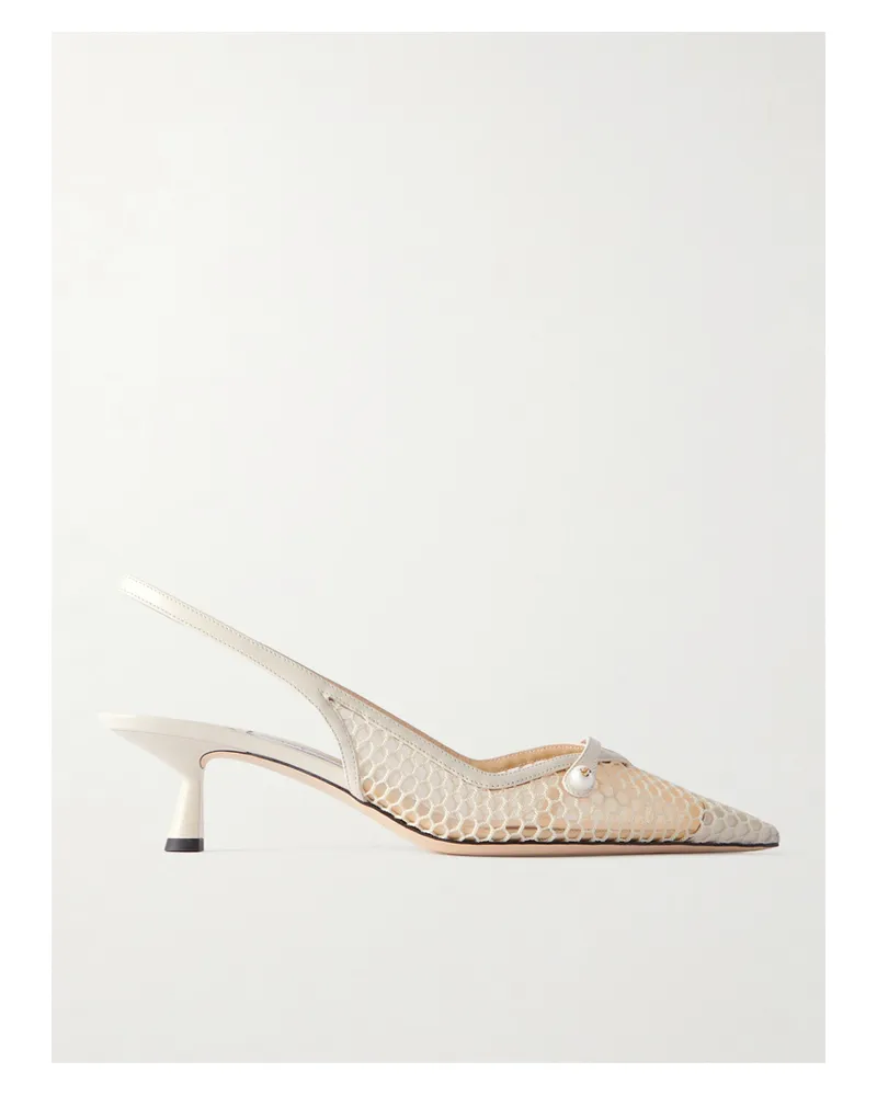 Jimmy Choo Amita 45 Faux-pearl Embellished Leather-trimmed Mesh Slingback Pumps - White White