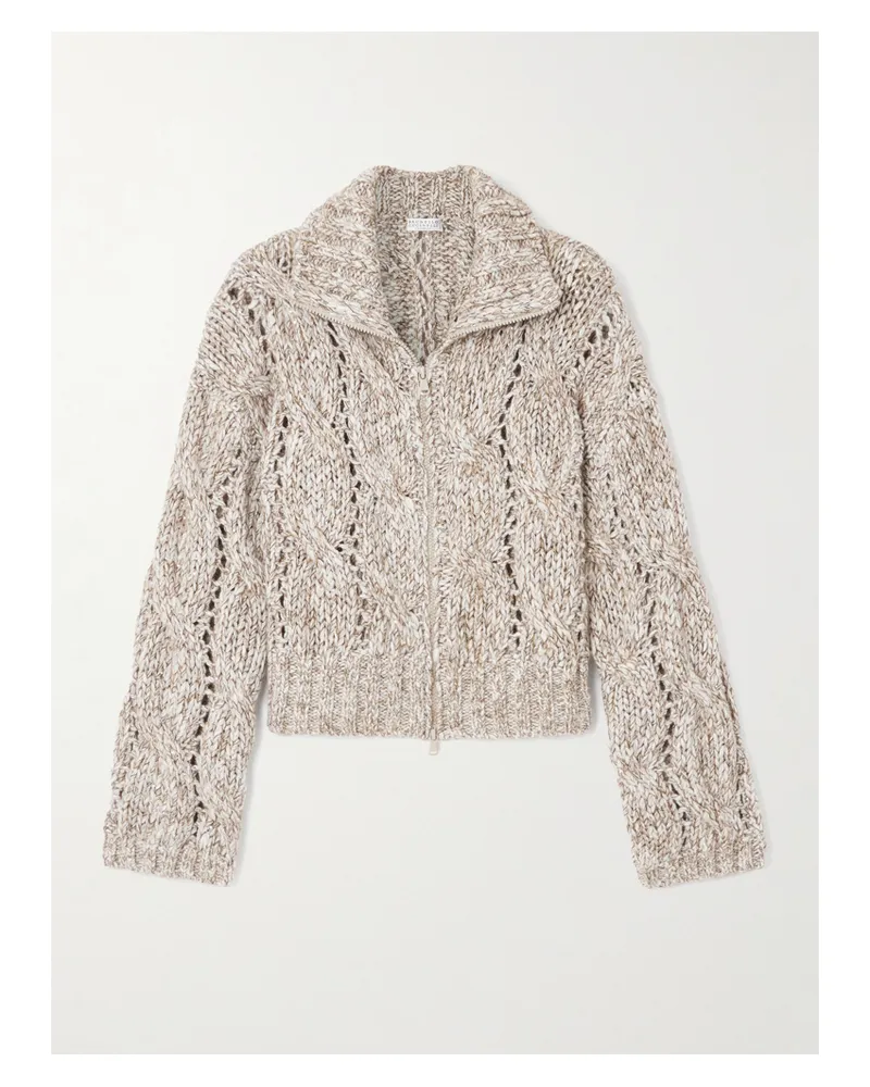 Brunello Cucinelli Zopfstrick-cardigan Aus Wolle Mit Pailletten - Neutral Neutral