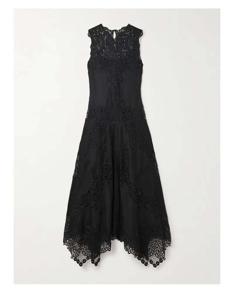 Ulla Johnson Arlette Midikleid Aus Leinen Mit Besätzen Aus Guipure-spitze - Schwarz Schwarz