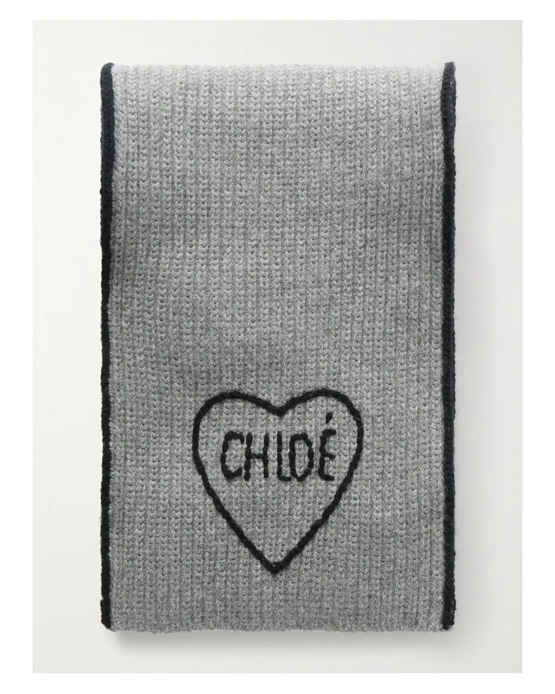 Chloé Embroidered Ribbed Wool And Cashmere-blend Scarf - Gray Gray