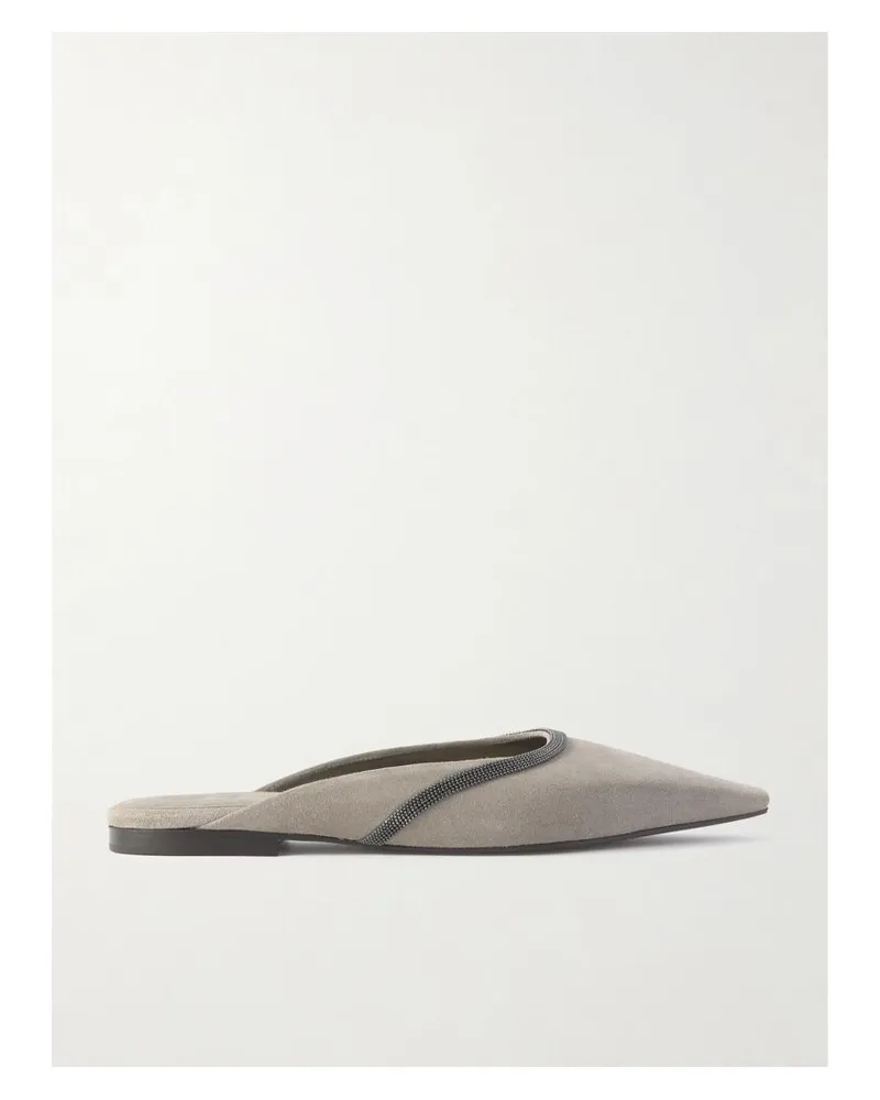 Brunello Cucinelli Slippers Aus Veloursleder Mit Zierperlen - Grau Grau