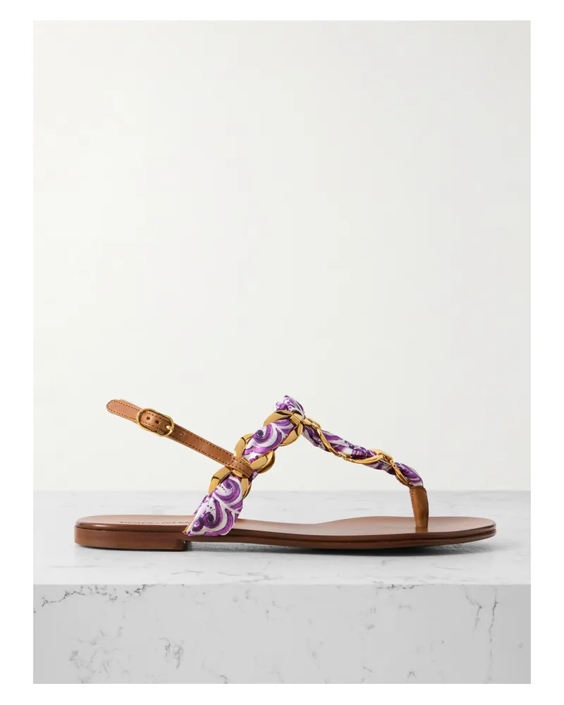 Dolce & Gabbana Sandalen Aus Bedrucktem Glänzendem Twill Mit Lederbesätzen Und Details Aus Goldfarbenem Metall - Lila Lila