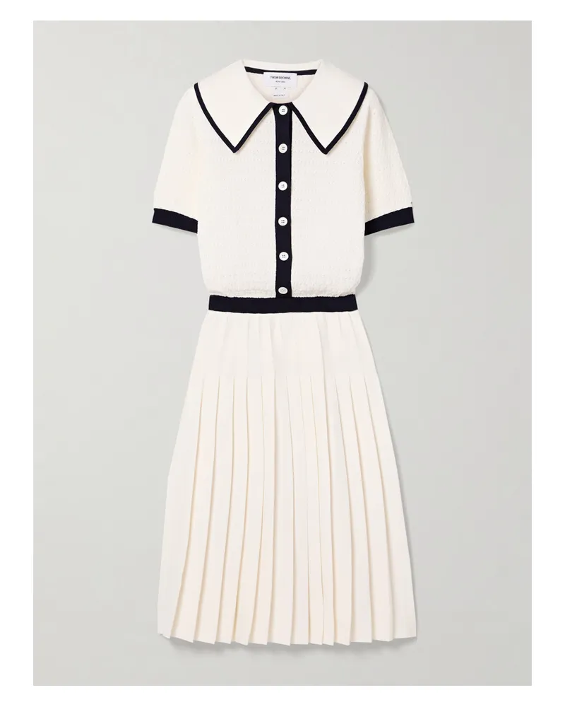 Thom Browne Midikleid Aus Pointelle-strick Und Plissiertem Baumwoll-jersey - Weiß Weiß