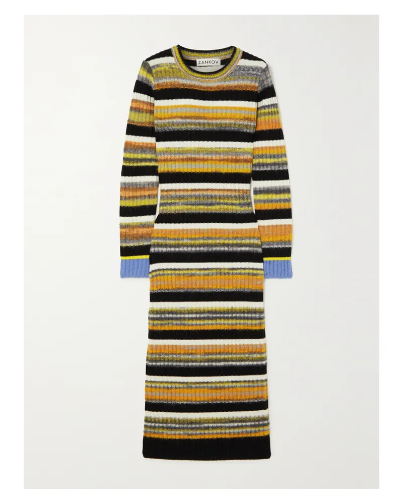 Zankov Camille Midikleid Aus Gebürstetem Rippstrick Mit Streifen - Schwarz Schwarz