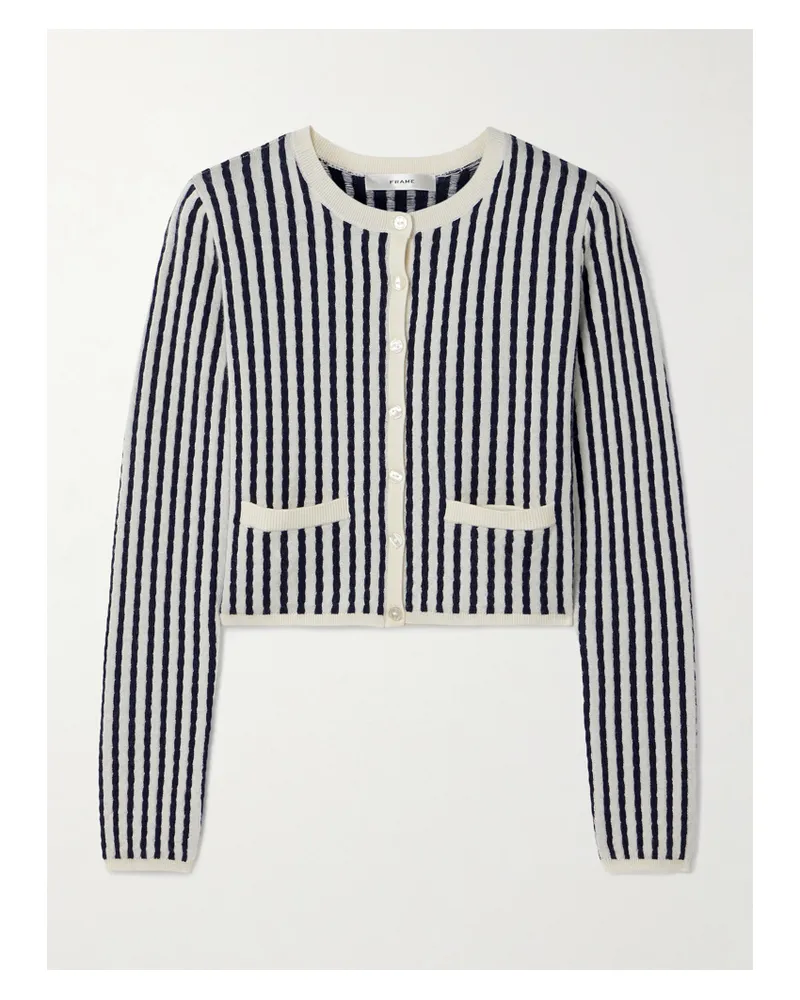 Frame Denim Gestreifter Cardigan Aus Zopfstrick Aus Einer Kaschmir-seidenmischung - Wollweiß Wollweiß