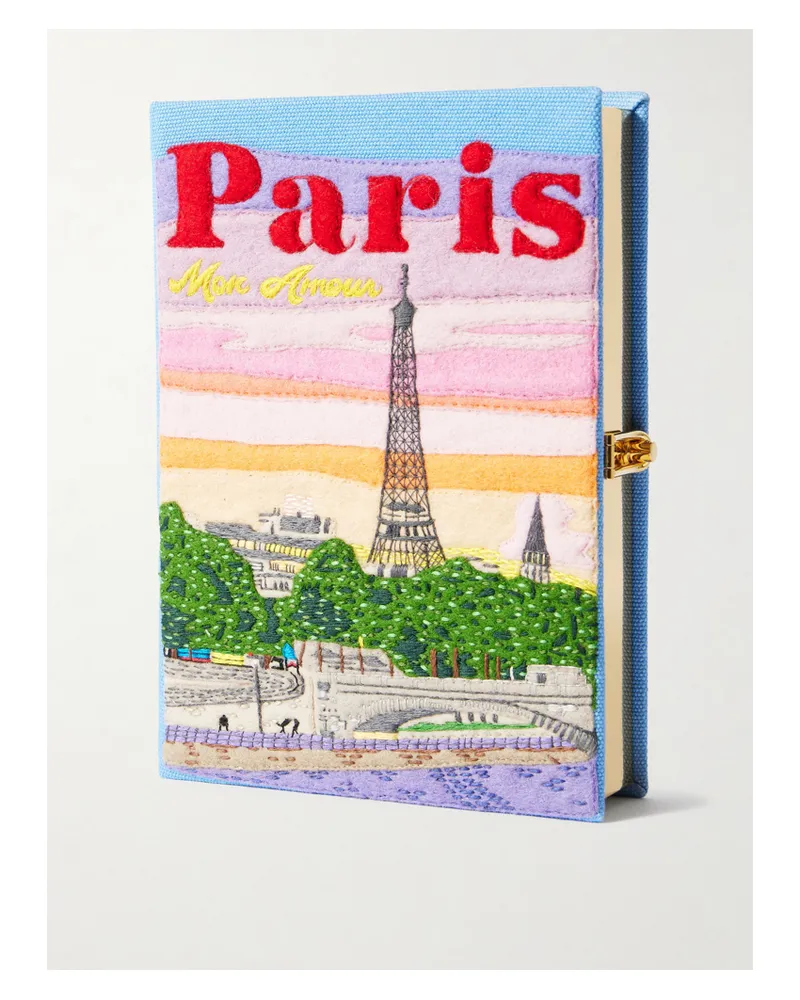 Olympia Le-Tan Paris Mon Amour Embroidered Appliquéd Canvas Clutch - Blue Blue