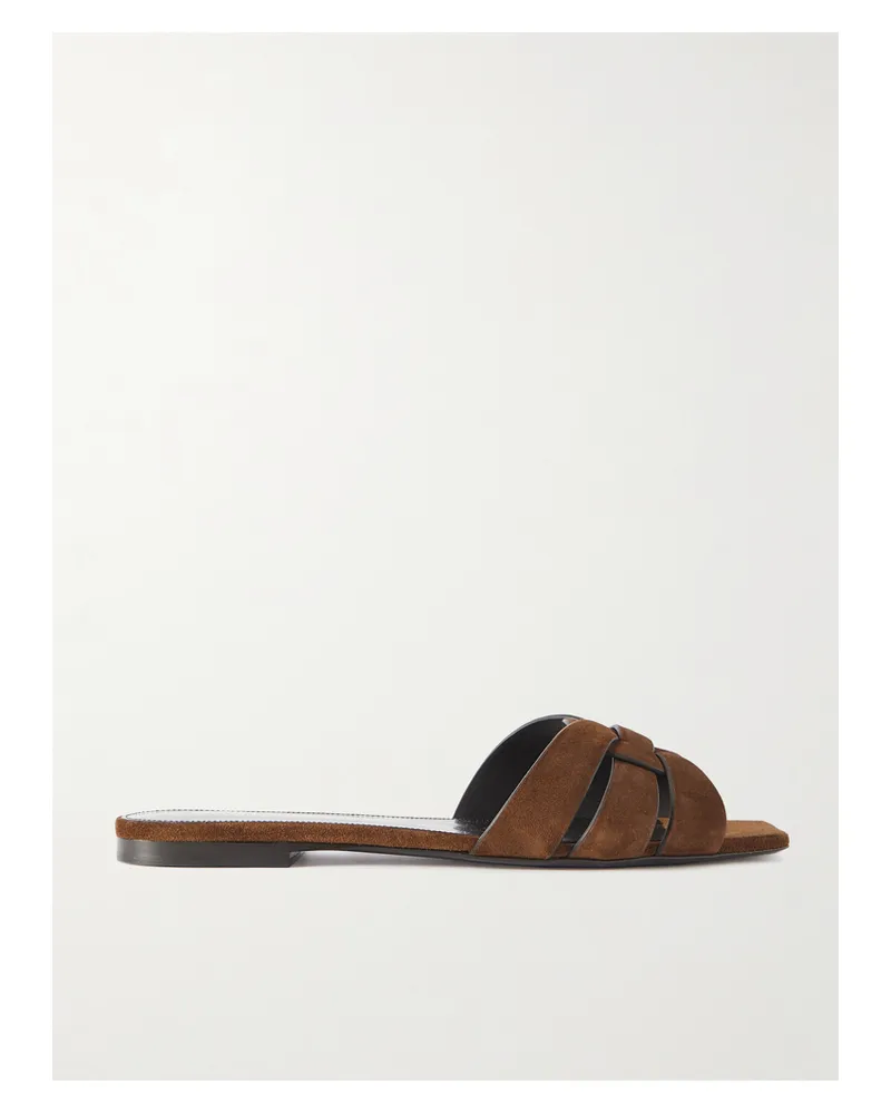 Saint Laurent Tribute Woven Suede Slides - Brown Brown