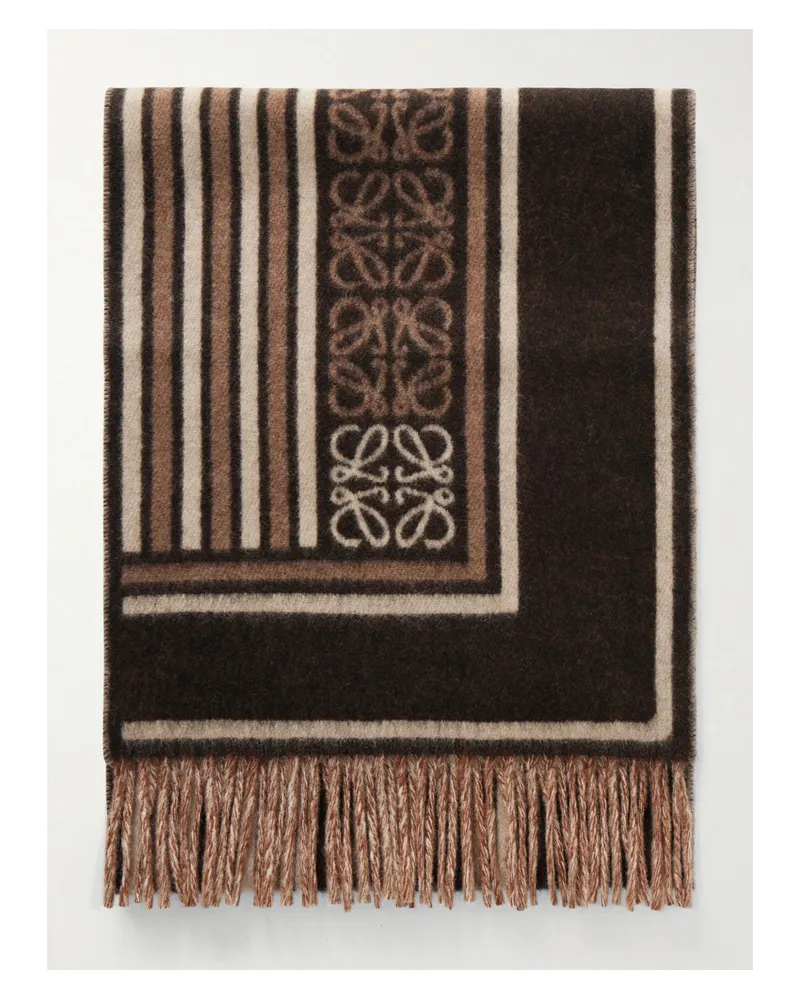Loewe Fringed Wool And Cashmere-blend Jacquard Scarf - Brown Brown