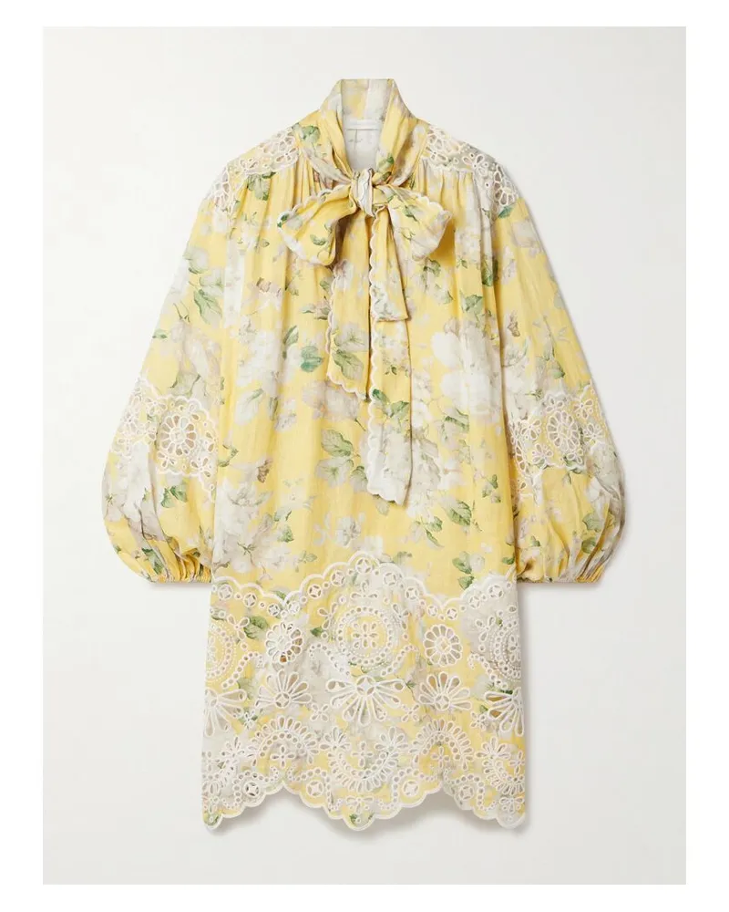 Zimmermann Acacia Minikleid Aus Leinen Mit Blumenprint, Lochstickerei Und Schluppe - Gelb Gelb