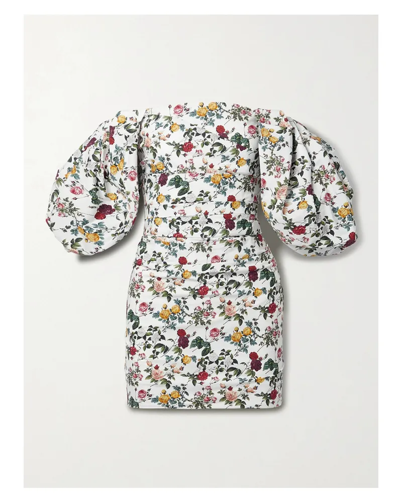 Oscar de la Renta Schulterfreies Minikleid Aus Einer Baumwollmischung Mit Blumenprint Und Raffungen - Weiß Weiß