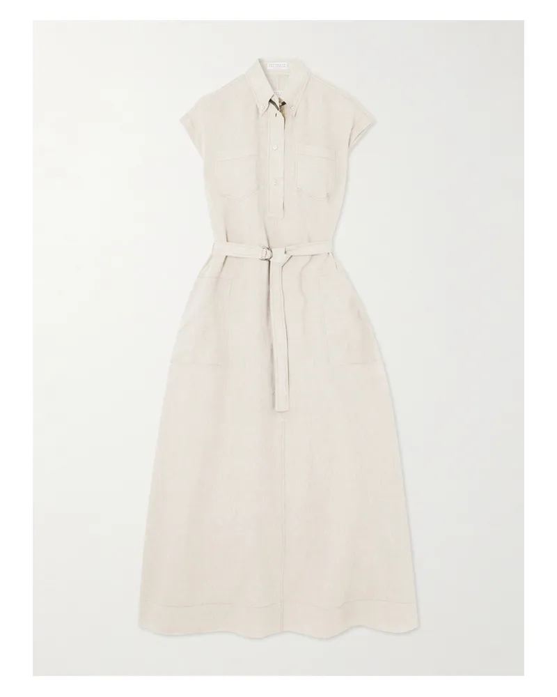 Brunello Cucinelli Midikleid Aus Leinen Mit Zierperlen Und Gürtel - Neutral Neutral