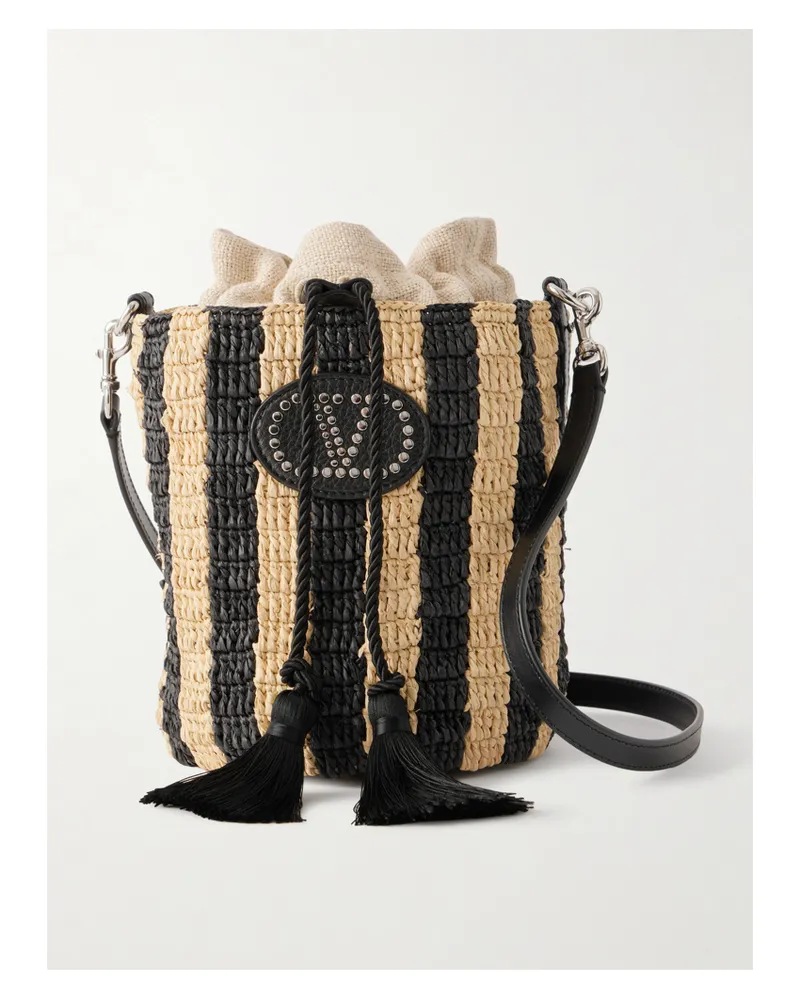 Valentino Garavani Embellished Striped Leather-trimmed Raffia Bucket Bag - Neutrals Neutrals