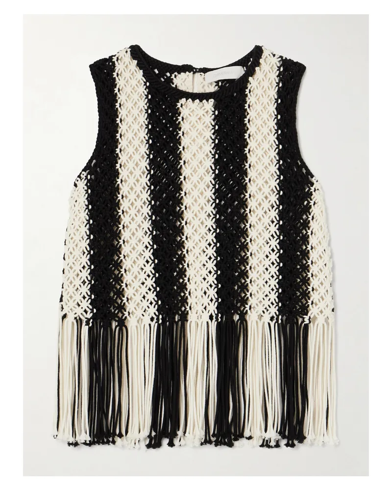Zimmermann Wanderlust Fringed Striped Macramé Cotton Top - Black Black