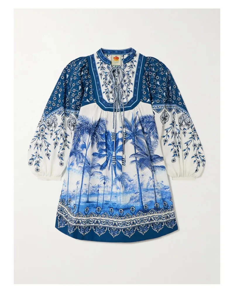 FARM Rio Palm Tree Beach Minikleid Aus Einer Bedruckten Leinenmischung - Blau Blau