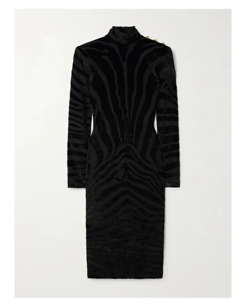 Balmain Midikleid Aus Devoré-samt Mit Zierknöpfen - Schwarz Schwarz