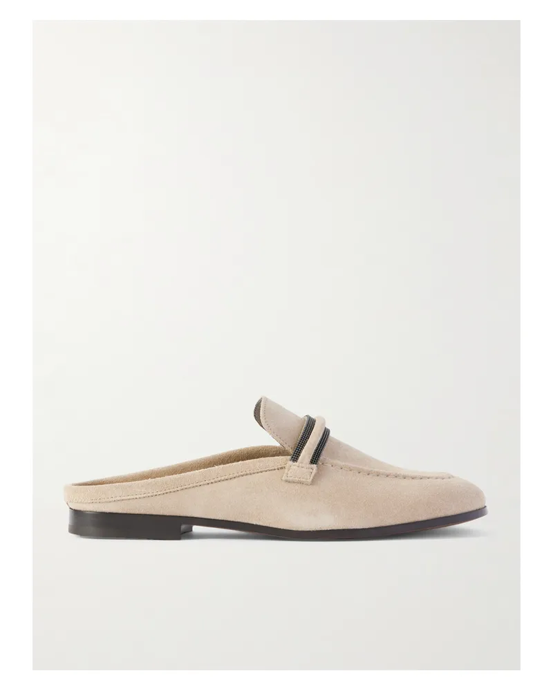 Brunello Cucinelli Slippers Aus Veloursleder Mit Zierperlen - Braun Braun