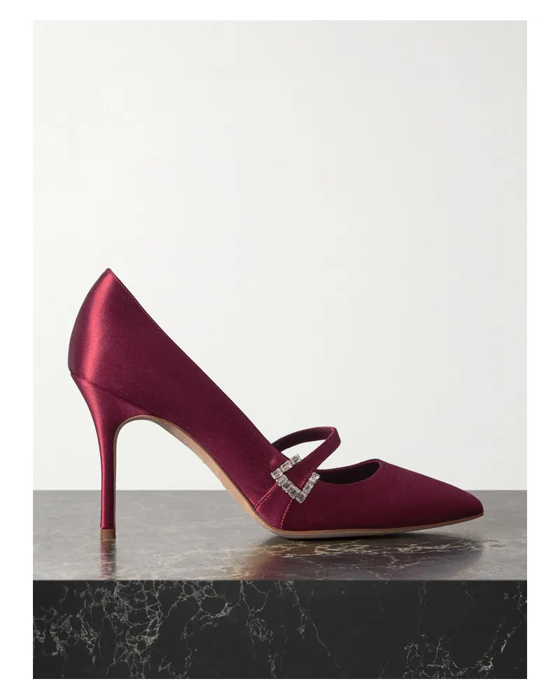 Manolo Blahnik Ramima 90 Pumps aus Satin mit Kristallen Rot