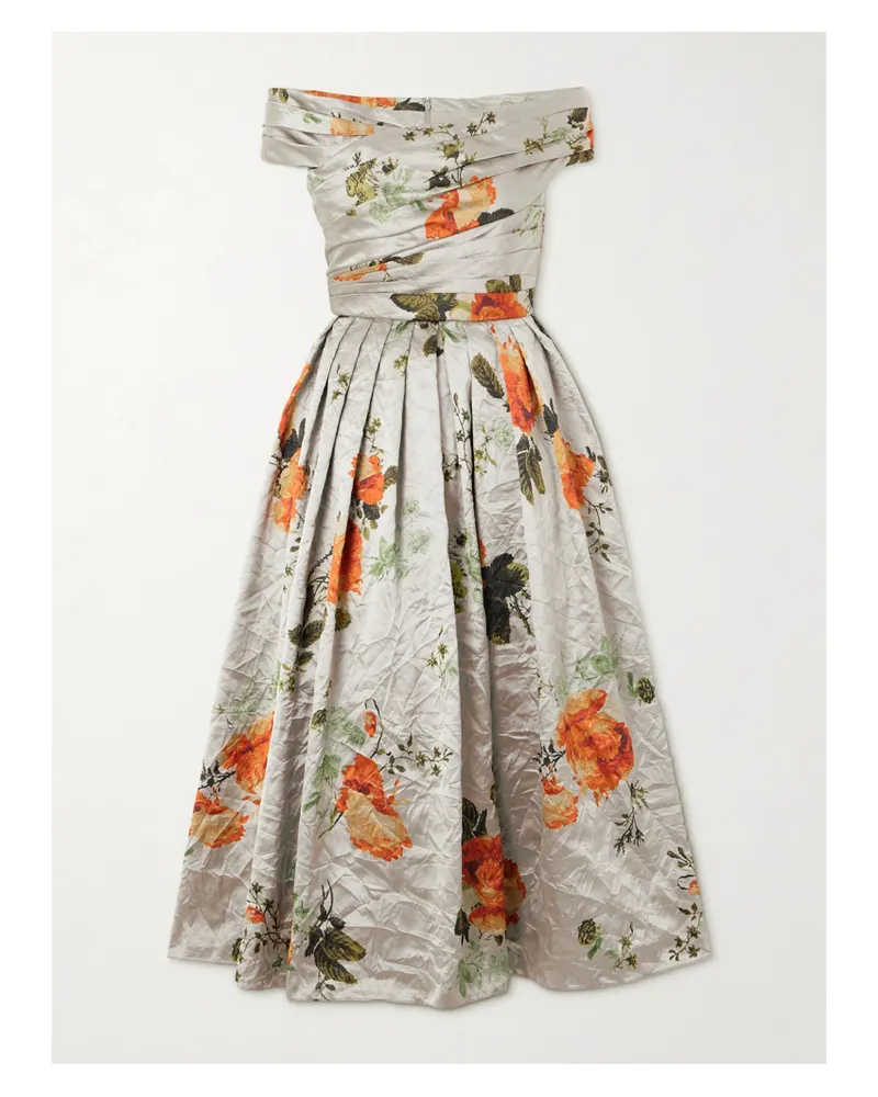 Erdem Schulterfreies Midikleid Aus Metallic-satin In Knitteroptik Mit Blumenprint - Wollweiß Wollweiß