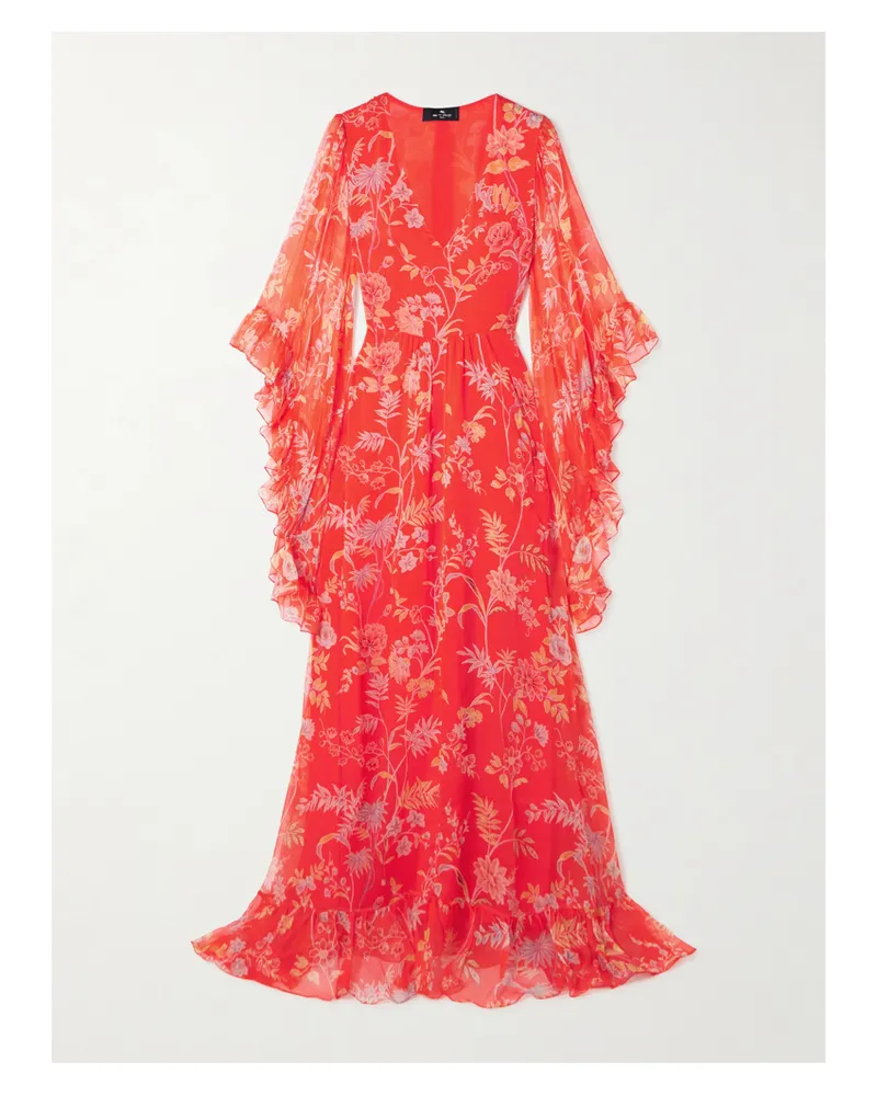 Etro Maxikleid Aus Seidenkrepon Mit Blumenprint Und Rüschen - Rot Rot