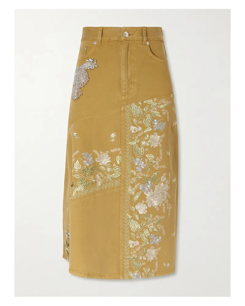 Erdem Embellished Embroidered Denim Midi Skirt - Green Green
