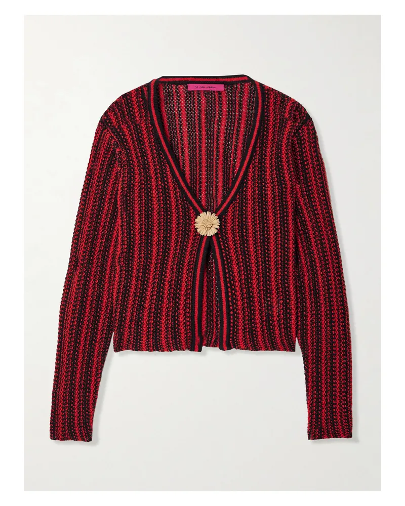 The Elder Statesman Cardigan Aus Gestreifter Baumwolle In Lochstrick Mit Applikation Aus Raffiabast - Rot Rot